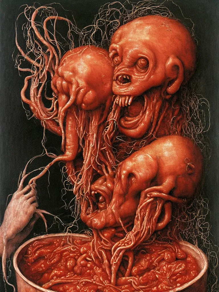 Prompt: a boy like the spaghetti monster, eraserhead and elephant man sitting in a tub full of tomato sauce, looking straight into camera, screaming in desperation, by giuseppe arcimboldo and ambrosius benson, renaissance, fruit, intricate and intense oil paint, a touch of chesles bonestell, beksinski and hr giger and edward munch, realistic