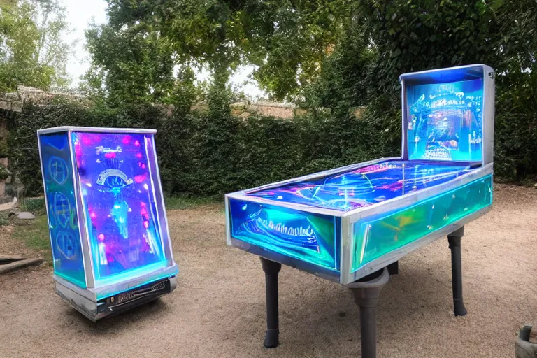 Image similar to hologram al fresco pinball table in the garden ruins, fantasy street urchins gathered round