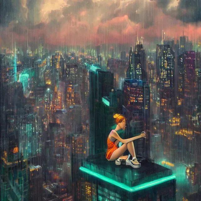 Prompt: a girl!!!! sitting on a solid ledge overlooking a futuristic new york city below, ghostpunk, neon lights, storm clouds, rain falling, detailed background, by jc leyendecker