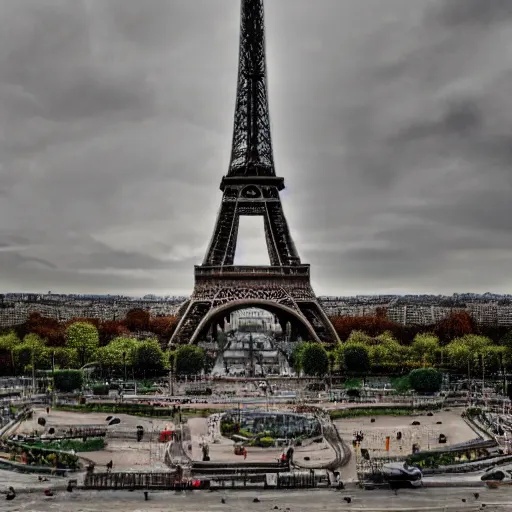 Image similar to photograph of the eiffel tower, post apocalyptic, hdr, 4 k, smoke, damaged cars, fire