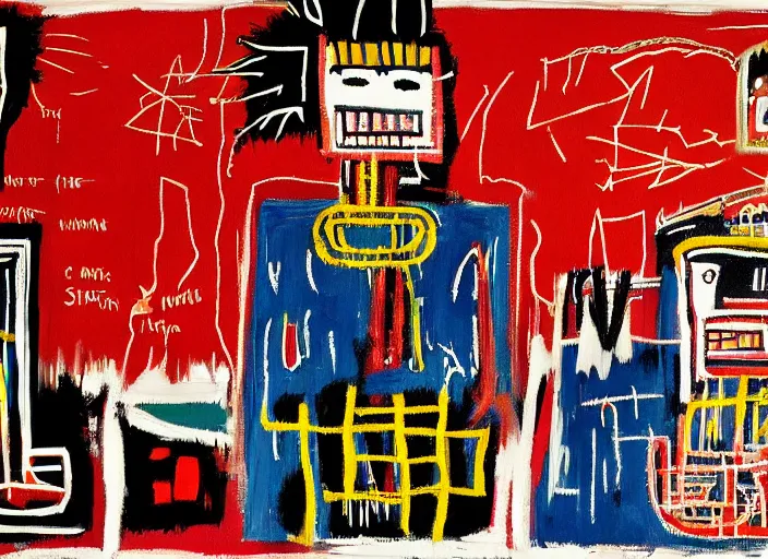 Image similar to the night watch painted by jean michel basquiat