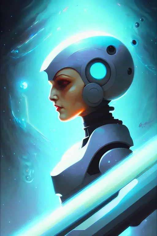 Prompt: Futuristic beautiful female megaman portrait by Peter Mohrbacher