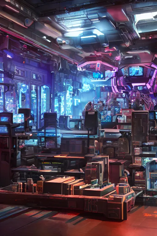 Prompt: Cybertron, The cash register of a futuristic Hot Topic store for goth Decepticons, Transformers, concept art, accurate perspective, cinematography by Wes Anderson, 4k octane render , cinematic lighting, Artstation