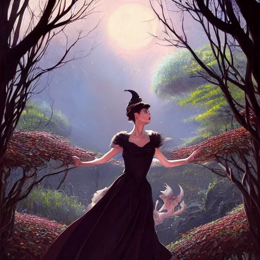 Image similar to audrey hepburn as a witch in an epic fantasy novel, various backgrounds, intricate, elegant, highly detailed, digital painting, artstation, matte, illustration, art by artgerm, greg rutkowski, loish, rhads, ferdinand knab, makoto shinkai, lois van baarle, ilya kuvshinov, rossdraws, tom bagshaw