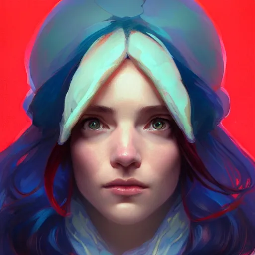 Image similar to portrait of madeline from celeste, blue bubble jacket red long hair, highly detailed, digital painting, artstation, concept art, sharp focus, illustration, art by greg rutkowski and alphonse mucha