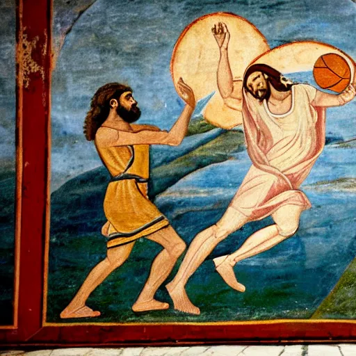 Image similar to a fresco of Jesus playing basketball while walking on water