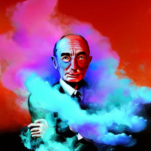 Prompt: Oppenheimer made of colorful smoke, hazy, atmospheric, inspiring digital art, award winning, artstation,