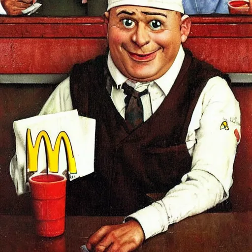 Prompt: pepe working at mcdonalds by norman rockwell