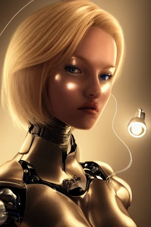 Image similar to a beautiful woman with blonde hair wearing robot suit with wires and light, highly detailed, photorealistic, artstation, smooth