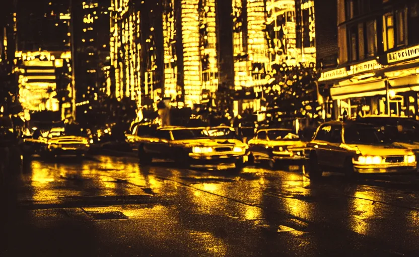 Prompt: ! dream a 3 5 mm night shot of an avenue taxi driver inspired lighting reflections in the windows nostalgic feeling