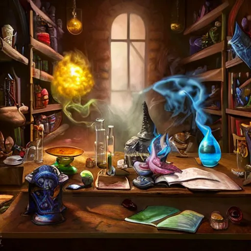 Image similar to hyper real, table, wizards laboratory, tony sart, mortar, pestle, scales with magic powder, energy flowing, magic book, beakers of colored liquid