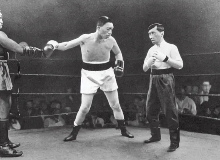 Image similar to jose rizal in a boxing match with adolf hitler, cinematic, colored, wide shot