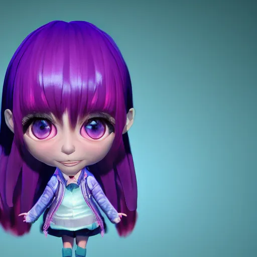 Image similar to portrait of a chibi very cute girl with purple jacket design by antonio mello, carlos ortega elizalde, character modeling, toy design, substance 3 d painter, blender, mental ray, zbrush, soft vinyl, bio luminescent, maximalist sculpted design portrait, studio photo, 7 0 mm lens, trending in artstation