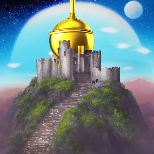 Image similar to stone castle with golden bell ontop of a mountain, space sky, anime illustration,