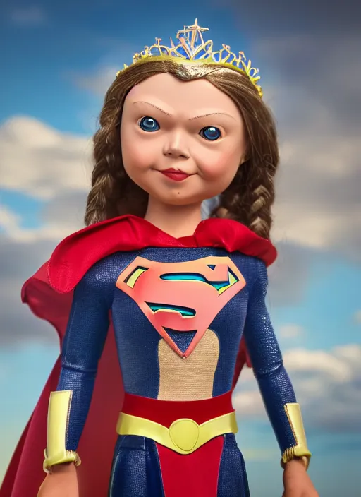Image similar to closeup face profile portrait of a tin toy greta thunberg as supergirl as a fairytale princess wearing a crown, bikini, depth of field, zeiss lens, detailed, fashion photoshoot, by nicoletta ceccoli, mark ryden, lostfish, breathtaking, 8 k resolution, extremely detailed, beautiful, establishing shot, artistic, hyperrealistic, octane render