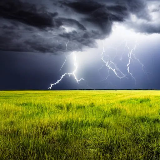 Prompt: Grassy field during a thunderstorm, dramatic lighting, 4K