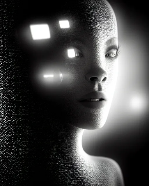 Prompt: black and white high quality photo of a beautiful female human-cyborg looking into a sci-fi mirror, volumetric lighting, liminal space, brutalism, foggy, dreamy, hyperdetailed, bokeh, photorealistic, cinematic, masterpiece, Metropolis, elegant, dark, octane render, 8K, in the style of Man Ray