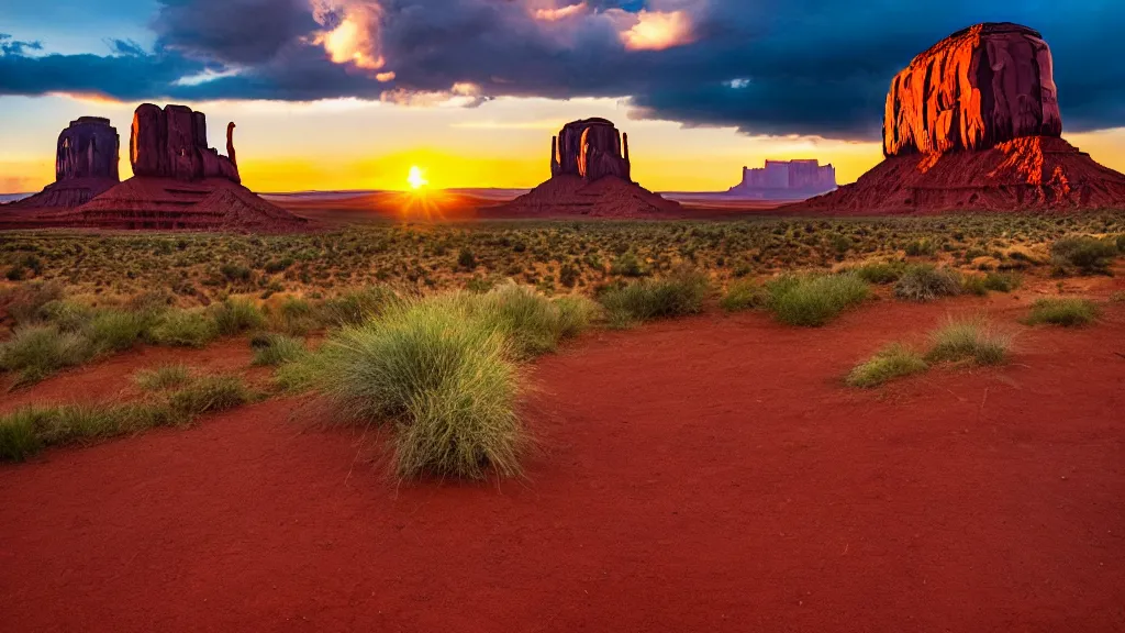 Image similar to an immense mountain dew logo painted on the side of monument valley rock formations, dramatic clouds, golden hour, sharp focus, cinematic, moody, imax