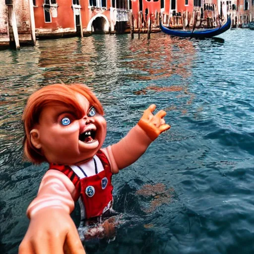 Prompt: a screaming chucky doll swimming after a gondola of tourists in venice