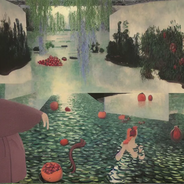 Image similar to painting of flood waters inside an art gallery, sensual female emo art student, a river flooding indoors, pomegranates, pigs, ikebana, water, octopus, river, rapids, waterfall, black swans, canoe, berries, acrylic on canvas, surrealist, by magritte and monet