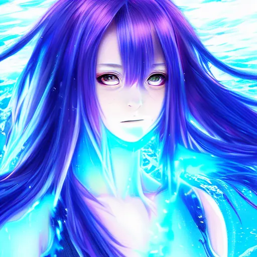 Image similar to glitched and crack sensor, advanced digital anime art, a very cute gorgeous teenage girl with a body made of fire and ice wearing a dress made of water , full body, very long snow colored hair, sky blue highlights in hair, red fiery watery eyes, full round face, dramatic cinematic lighting, highly intricately detailed, trending on pixiv, Artstation, painted by Rossdraws and the style of Sakimimichan