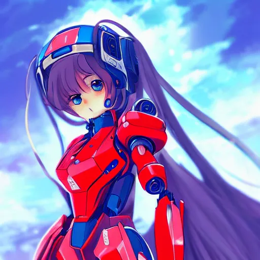 Image similar to digital anime art, cute mech girl wearing a red mech suit. blue eyes. wlop, rossdraws, sakimimichan