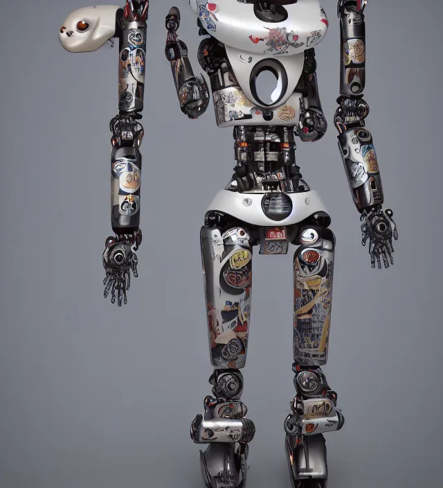 Prompt: full body portrait of a highly advanced digital robot with a porcelain japanese geisha face mask with kanji tattoos and decals, japanese model, octane render, intricate details, ultra realistic, dramatic lighting