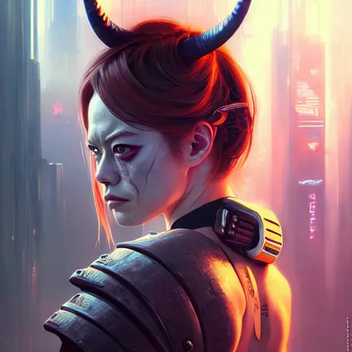 Image similar to portrait painting of a cyberpunk street samurai muscular emma stone with two big broken horns on her head, ultra realistic, concept art, intricate details, eerie, highly detailed, photorealistic, octane render, 8 k, unreal engine. art by artgerm and greg rutkowski and charlie bowater and magali villeneuve and alphonse mucha