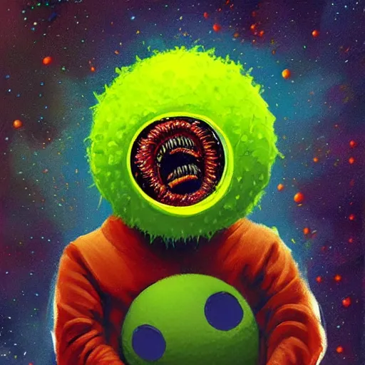 Image similar to a tennis ball monster in space , digital art, fantasy, magic, trending on artstation, ultra detailed, professional illustration by Basil Gogos