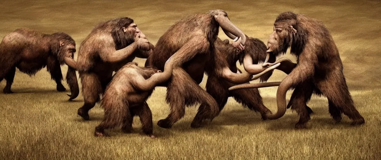 Image similar to 1 5 0 neanderthal people fighting againts one mammoth, perfect dynamic posture, perfect dynamic environment, perfect dynamic body form, perfect dynamic pose, trending pinterest, perfect dynamic position, award winning photo by national geographic, and pulittzer winner, realistic, bokeh, reduce duplication interference