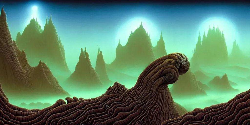 Prompt: highly detailed fantasy art of an alien cephalopod creature in a surreal landscape filled with mountains and mist, diffuse lighting, fog, muted colors, by roger dean, kilian eng. mœbius