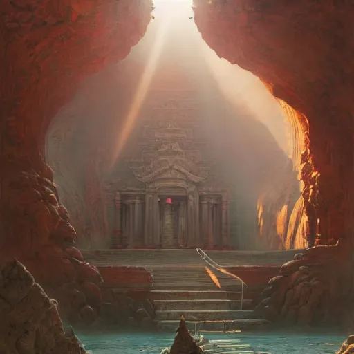 Prompt: detailed concept art of an ancient temple with sunlight filtering in, artstation, award - winning realistic concept art by jim burns and greg rutkowski, beksinski, a concept art masterpiece, red color palette, james gilleard, bruegel, alphonse mucha, and yoshitaka amano.