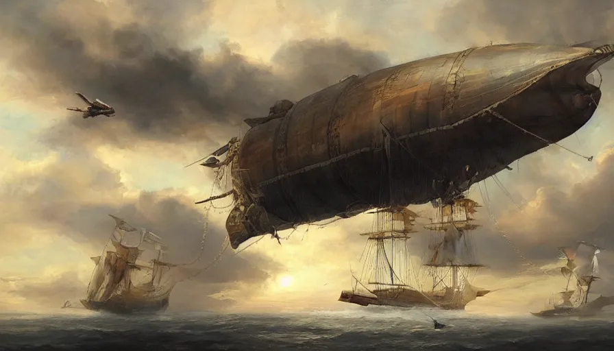 Image similar to a large pirate airship flying among the clouds, soaring through the sky, realist painting, pirate, beautiful, highly detailed, trending on art station