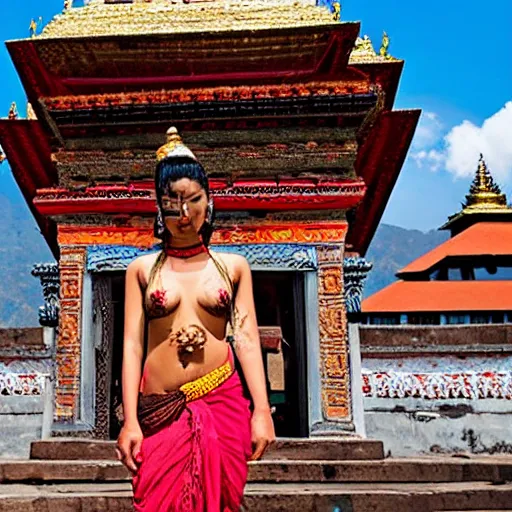 Image similar to a nepali model in a kathmandu temple, posing for playboy photoshoot next to hindu gods