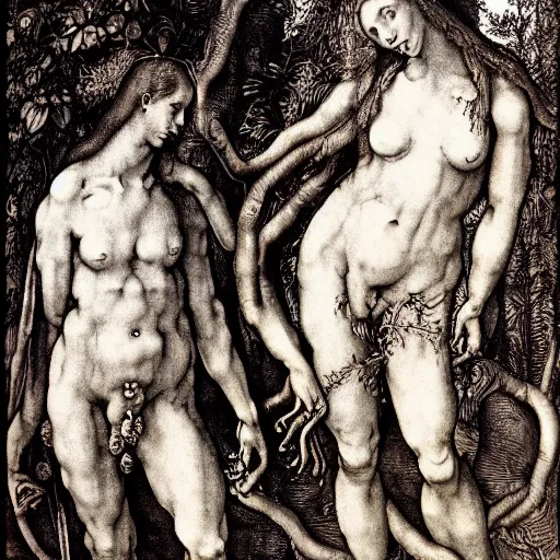 Prompt: adam and eve by albrecht durer