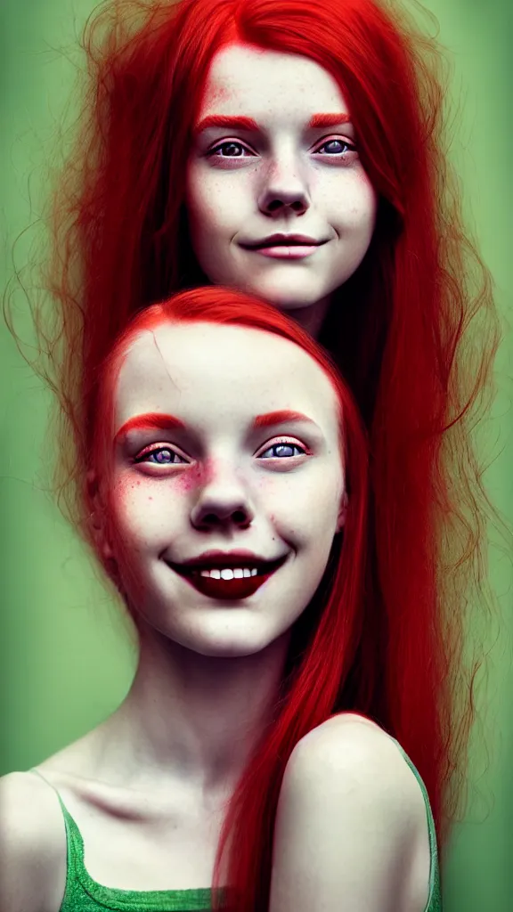 Image similar to a fantastic portrait photograph of a smiling girl with red hair and green eyes by Alessio Albi, symmetrical face, artstation, deviantart, hyperrealism