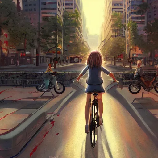 Image similar to girl riding on bike through city, digital art, by ben weiner, richard estes, range murata, akiyuki shinbou, yoshitaka amano, wlop, highly detailed, realistic, cinematic, bold colours, photorealism, 4 k, wide angle lens, trending on artstation, artgerm