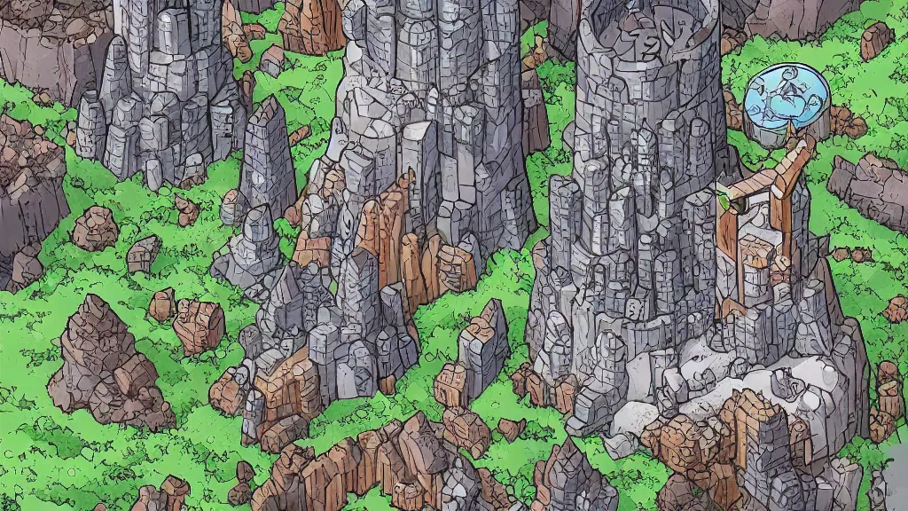 Prompt: Aerial view of a wizard tower surrounded by different kinds of gem mines and ominous caves, lineart, colored