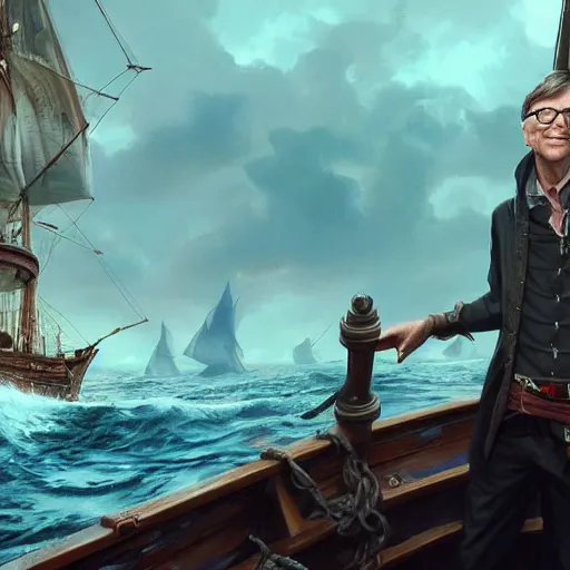 Prompt: bill gates on a pirate ship, highly detailed vfx portrait, unreal engine, greg rutkowski, loish, rhads, caspar david friedrich, makoto shinkai and lois van baarle, ilya kuvshinov, rossdraws, elegent, tom bagshaw, alphonse mucha, global illumination, detailed and intricate environment.