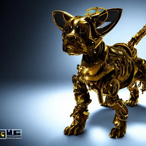 Prompt: hybrid of a cyborg dog and a gold golem, ultra detailed, 8 k, rule of thirds, professional lighting, unreal engine.