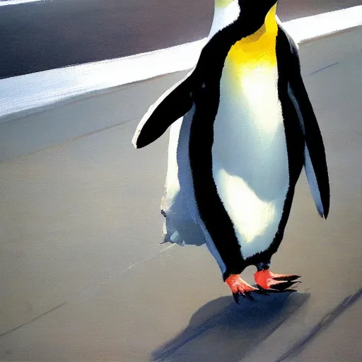 Image similar to a highly detailed beautiful portrait of a beautiful penguin crossing the road by yoji shinkawa, by gregory manchess, james gurney, james jean