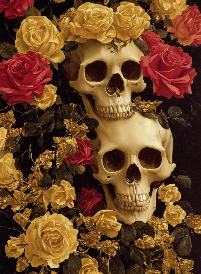 Prompt: portrait of a marble skull with a wreath of gold roses and a dress of gold rose petals in the hall of ossuary , oil painting in a renaissance style , very detailed, painted by Caravaggio.