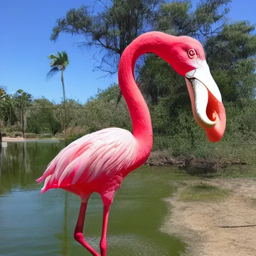 Image similar to photo of giant flamingo bigger than an elephant,