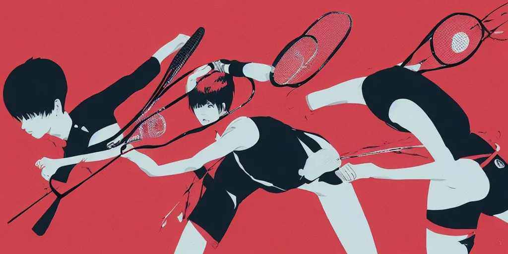 Image similar to illustration of a badminton, realistic body poses, badminton rackets, badminton birdies, by ilya kuvshinov katsuhiro otomo