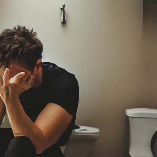 Prompt: Man screaming from ache sitting on toilet, wide angle photo, portrait, shot on gopro, action shot, real photo
