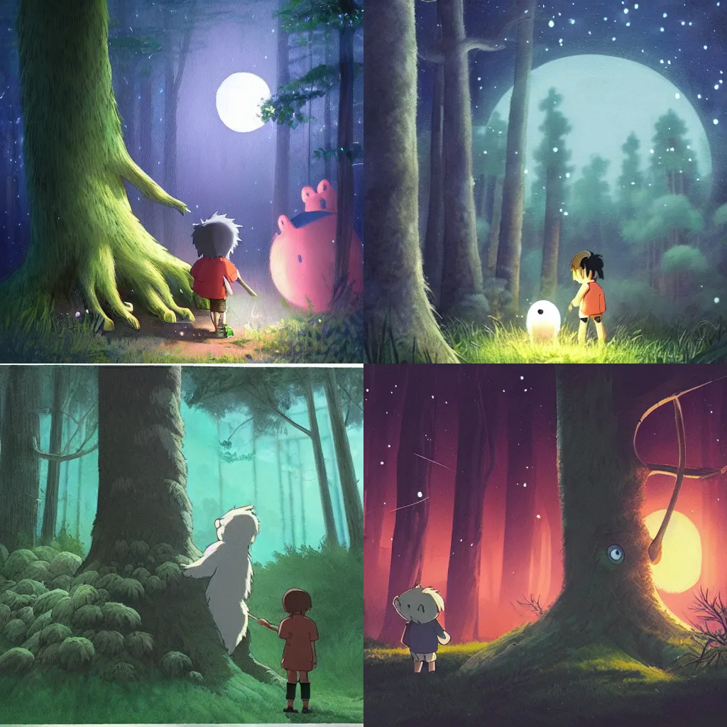 Prompt: a small boy leaning on a tree encounters a giant furry one - eyed monster in a misty moonlit forest, painting by studio ghibli. surrounded by fireflies, cinematic lighting, trending on cgsociety