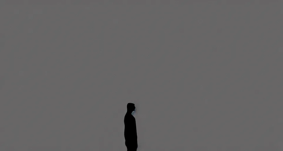 Image similar to silhouette of a man standing in the center of an infinitely long dark narrow hallway, digital art trending on artstation, minimalist, dark blue color palette