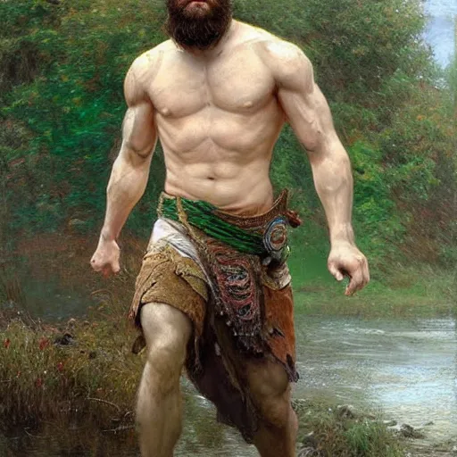 Prompt: young warrior by a river, playful, male, muscular, green eyes!!!!, straight nose!!!!!, beard, detailed face, thighs!!!!! gorgeous, amazing, muscular, intricate, highly detailed, painting by Gaston Bussiere, Craig Mullins