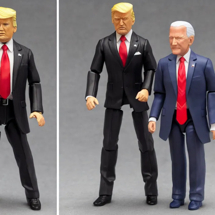 Prompt: detailed action figures of donald trump and joe biden, first 4 figures, detailed product photo