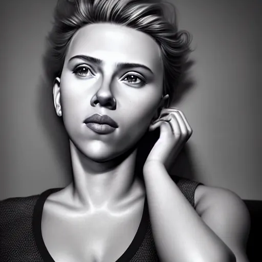 Image similar to intricate beautiful hyperreal portrait of a young scarlett johansson,, hair in a ponytail, smiling softly, casual clothes, relaxing on the couch, home interior, golden hour, close up shot, 8 k, art by irakli nadar, hyperrealism, hyperdetailed, ultra realistic